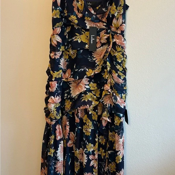 Lulu's Navy Floral Midi Dress with Pink & Yellow Blooms - Picture 3 of 8